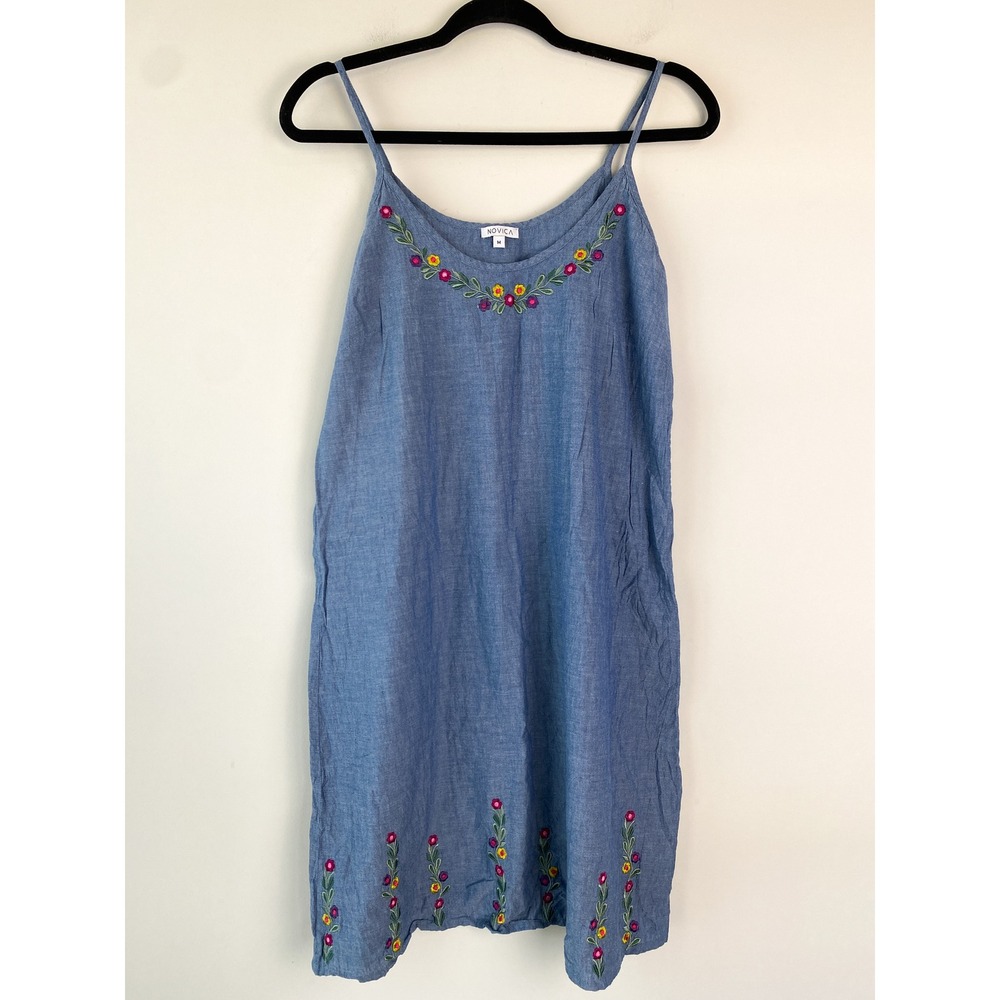 Novica Womens Denim Embroidered Sundress M Blue Floral Cottagecore Granola Girl